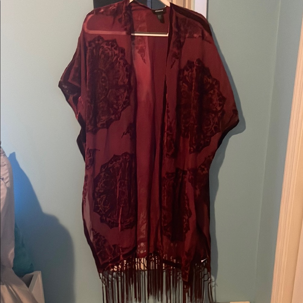Burgundy Kimono with Fringe